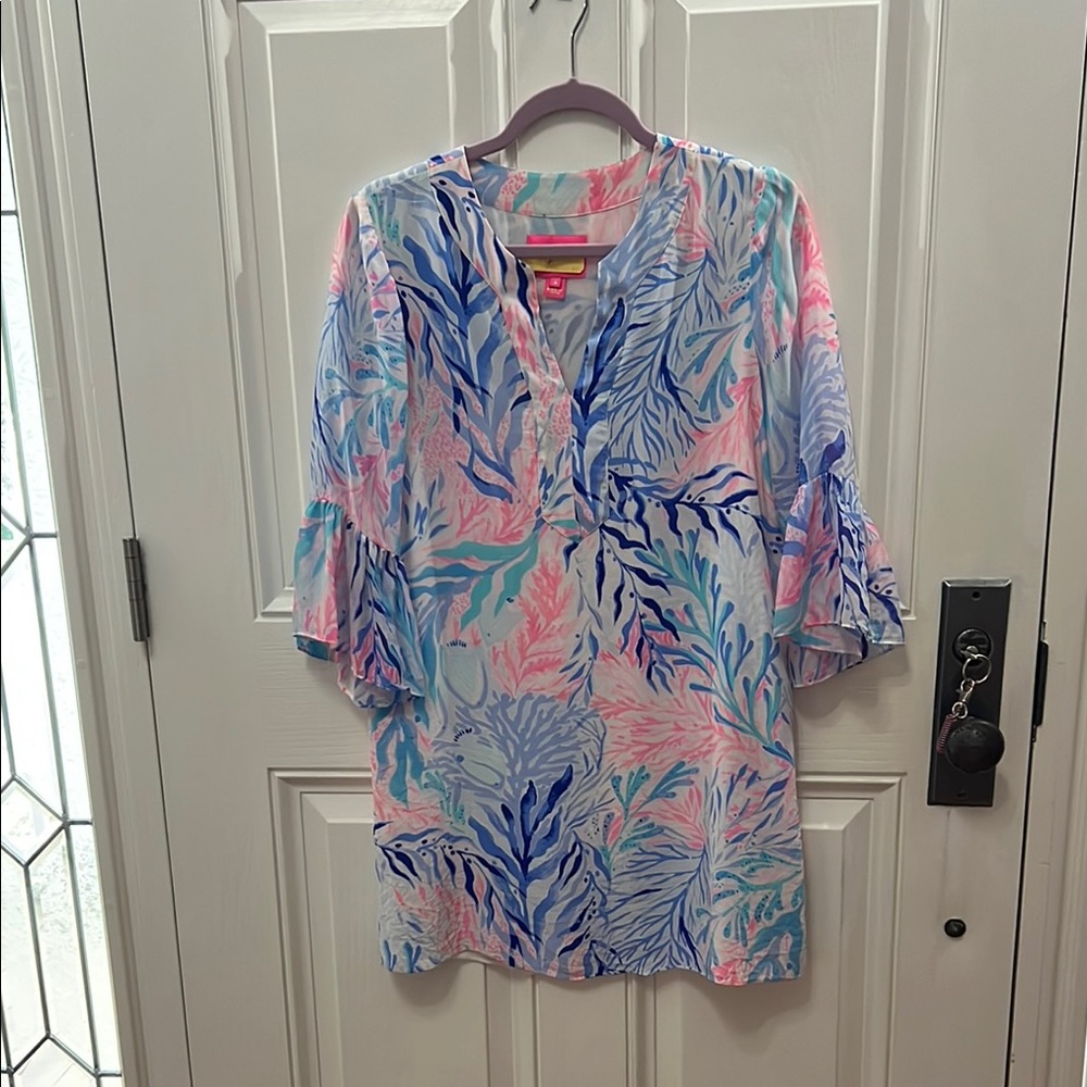 Lilly Pulitzer Pink and Blue Graphic dress with Mandarin Collar